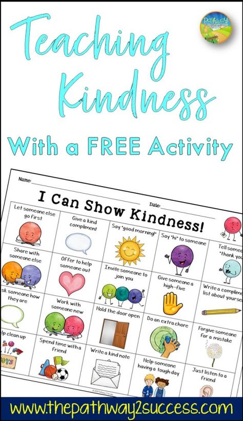 Teach kindness with a free printable learning activity for kids and young adults. As teachers and parents, we know that teaching about being kind can create a more positive learning environment for everyone! Complete a kindness challenge with a fun lesson to help encourage a caring and positive community for all. #kindness #pathway2success Kindness Lessons, Activity Kindergarten, Teaching Kindness, Kindness Projects, Kindness Challenge, Kindness Activities, World Kindness Day, Positive Learning, Activities Worksheet