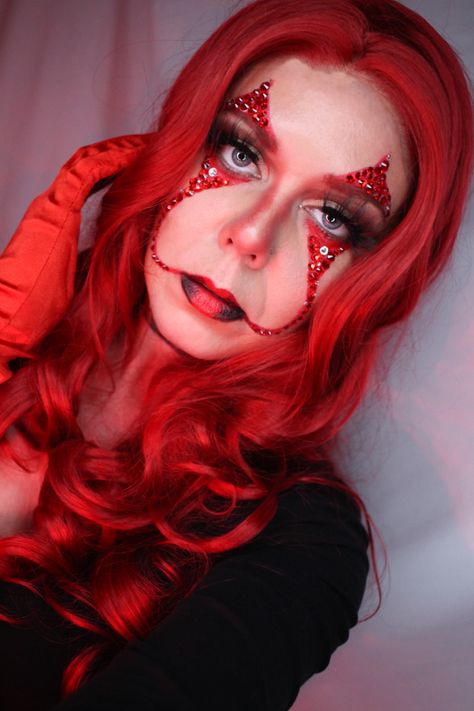 Bright red rhinestone clown makeup look with red wig Bright Red Wig, Tiktok Creator, Red Wig, Red Wigs, Clown Makeup, Red Rhinestone, Bright Red, Halloween Face, Face Makeup