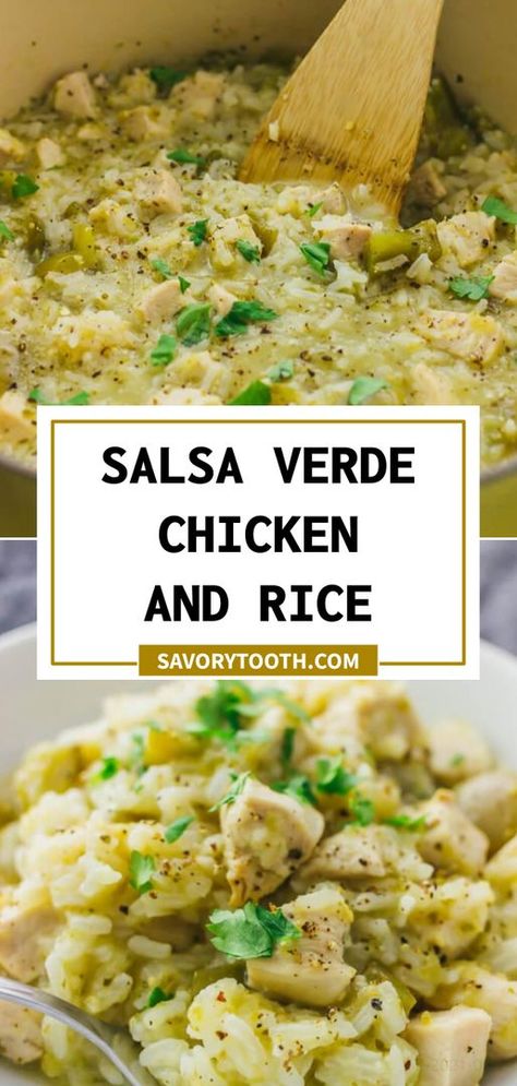 Try this quick and easy recipe for salsa verde chicken and rice — just 6 ingredients and 1 pot needed to make this tasty dinner. Salsa Verde Rice, Salsa Verde Recipe Chicken, Salsa Verde Chicken And Rice, Recipe Using Salsa, Recipe For Salsa, Salsa Verde Chicken Crockpot, Baked Whole Chicken Recipes, Easy Salsa Verde, Chicken And Rice Crockpot