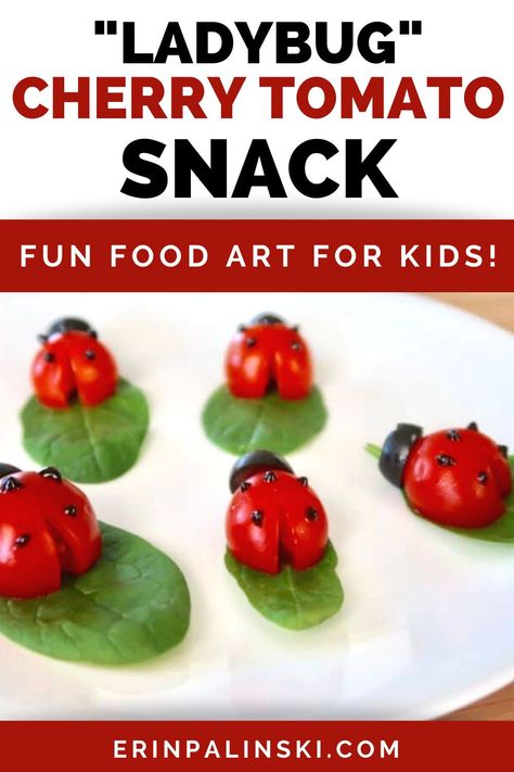 How cute are these cherry tomotoes? Make this healthy snack recipe for kids where you create ladybugs out of cherry tomatoes and a few other ingredients. Your kids will love this fun food art! Cherry Tomato Food Art, Tomato Ladybug, Sout Happies, Tomato Snacks, Healthy Snack Recipe, Vegetable Art, Pinterest Food, Snack For Kids, Recipe For Kids