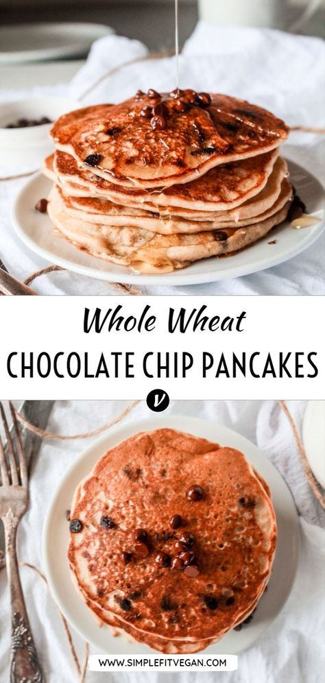 These healthy, vegan chocolate chip pancakes are made with whole wheat flour for maximum nutrition. They’re easy to make and incredibly delicious! #pancakes #vegan #veganbreakfast Whole Wheat Pancakes Recipe, Wholewheat Pancakes, Banana Whole Wheat Pancakes, Whole Wheat Chocolate Chip Pancakes, Pancakes Whole Wheat, Low Carb Vegan Breakfast, Vegan Chocolate Chip Pancakes, Vegan Breakfast Recipes Easy, Vegan Breakfast Casserole