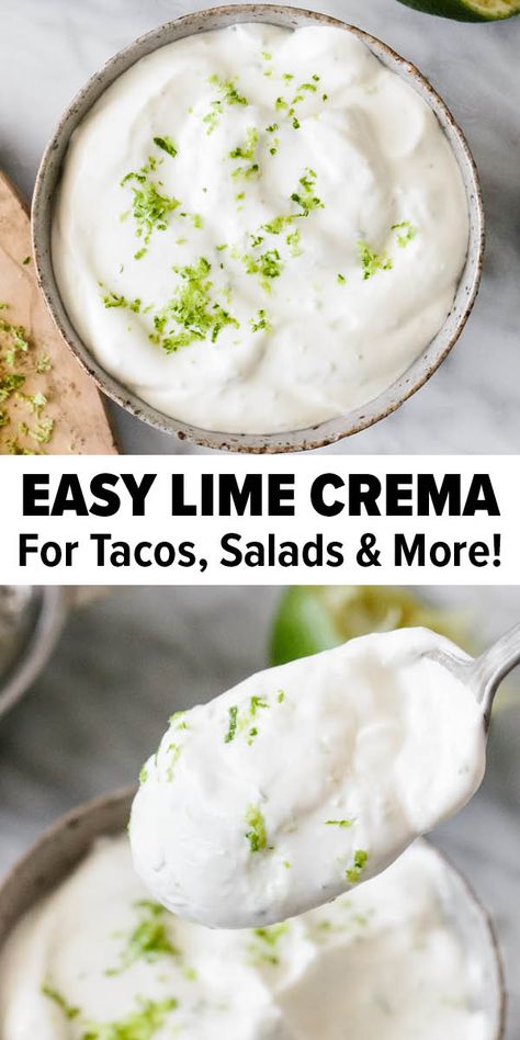 Lime Crema Recipe, Types Of Tacos, Crema Recipe, Nachos Recipe Easy, Lime Crema, Vegan Coleslaw, Lime Cream, Taco Sauce, Baked Potatoes