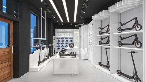 Bike Shop Interior Design, Scooter Store, Scooter Storage, Expo Ideas, Scooter Shop, Scooter Rental, Bike Store, Scooter Bike, Showroom Design