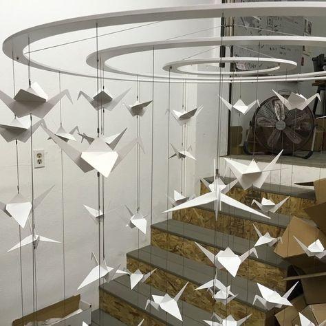 WHITE Cranes Mobile! — Ekko Mobiles — Large Custom Hanging Mobiles, Kinetic Art, and Ceiling Sculptures for Home, Business, and Public Spaces Ceiling Sculpture Art, Ceiling Art Installation, Suspended Art Installation, Paper Crane Art Installation, Kinetic Ceiling Installation, Crane Mobile Origami, Mobile Crane, Crane Mobile, White Crane