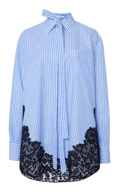 Oversized Lace-Detailed Striped Cotton Top by VALENTINO for Preorder on Moda Operandi Turtleneck Midi Dress, Cotton Poplin Shirt, Menswear Inspired, Lace Shirt, Poplin Shirt, Tie Neck, Moda Operandi, Valentino Garavani, Lace Detail