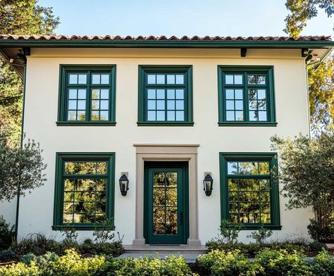 5+ Vibrant Green Molding Around Outside Windows for Natural Accents • 333+ Inspiring Lifestyle Ideas Green Painted Window Frames, Parisian Style Home Exterior, White House Green Windows, Exterior Windows Styles, White House Green Shutters, Green Molding, Modern Classic Exterior, White Craftsman, Parisian Style Home