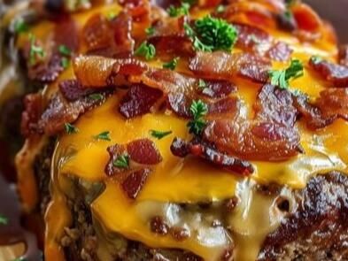 Mouthwatering Bacon Cheeseburger Meatloaf Recipe: A Comforting Twist on a Classic Favorite - NewsBreak Paula Deen Bacon Cheeseburger Meatloaf, Hamburger Dinner, Cheeseburger Meatloaf Recipes, Bacon Cheeseburger Meatloaf, Fire Recipes, Turkey Loaf, Garlic Green Bean Recipes, Perfect Meatloaf, Cheeseburger Meatloaf