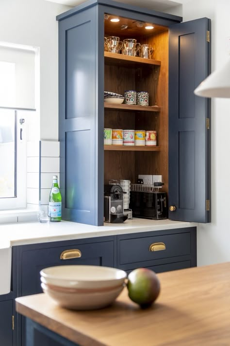 Single Bi-Folding Dresser Bifold Appliance Cupboard, Howdens Chilcomb Navy, Shaker Pantry, Howdens Marine Blue, Howdens Allendale Navy, Howdens Shaker Kitchen Dusk Blue, Dark Blue Kitchen, Blue Kitchen Ideas, Painted Shaker Kitchen