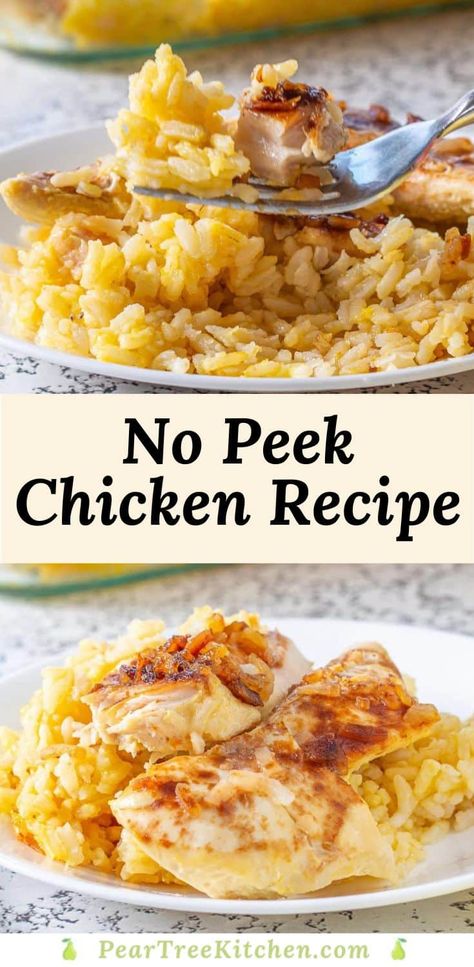 Easy No Peek Chicken Recipe - Pear Tree Kitchen No Peek Chicken And Rice Instant Pot, No Peek Chicken And Rice With Broccoli, No Peak Chicken With White Rice, No Peak Chicken, Chicken Breast Strips Recipes, No Peek Chicken And Rice, Instant Rice Recipes, No Peek Chicken, Grilled Dinner Recipes