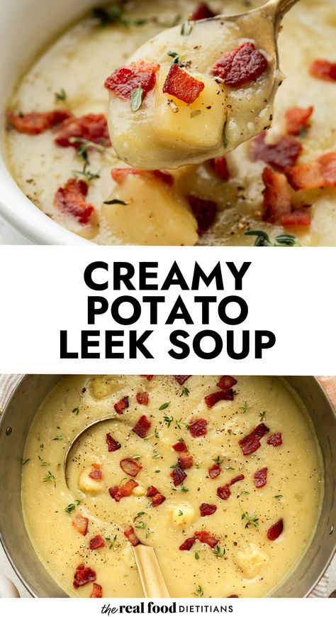 The savory flavors of pureed creamy potatoes, leeks, celery, bacon, herbs, and broth combine for an irresistible bowl of whole-food goodness. Our blender technique provides a creamy texture without the armwork of a potato masher or the heaviness of added cream. Make extra batches of this favorite soup, freeze it in an airtight container, and reheat it for an easy comfort food meal any night of the week. Bacon Potato Leek Soup, Instapot Potato Leek Soup, Cream Of Potato Leek Soup, Leek Potatoes Soup, Leaks And Potato Soup, Potato Leek Bacon Soup Recipe, Potato And Green Bean Soup, Potato Leek Bacon Soup, Healthy Creamy Potato Soup