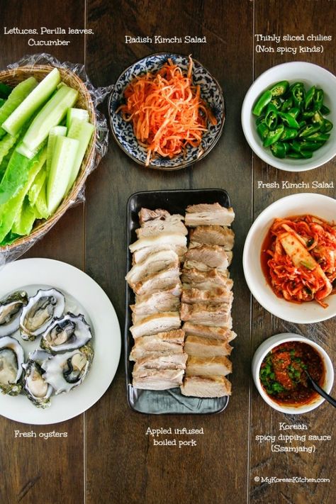 Bossam Korean, Tuna Salad Lettuce, Korean Pork Belly, My Korean Kitchen, Lettuce Boats, Fresh Kimchi, Korean Vegetables, Korean Grill, Steamed Pork