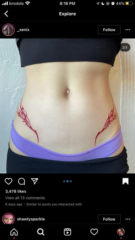 Back Lower Tattoo Women, Lower Back Wrap Around Tattoo, Chinese Stomach Tattoos, Asian Stomach Tattoos, Red Lower Back Tattoo, Waist Line Tattoos, Low Waist Tattoo, Japanese Sternum Tattoo, Navel Tattoo