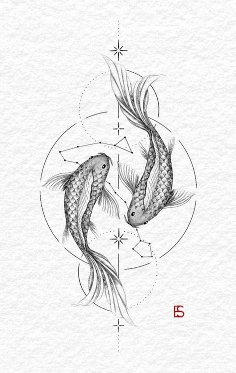 Pisces Tattoo Designs, Koi Tattoo Design, Tattoo Line, Pisces Tattoos, Geometric Tattoo Design, Koi Fish Tattoo, Spine Tattoos For Women, Fish Tattoo, Tattoo Desings