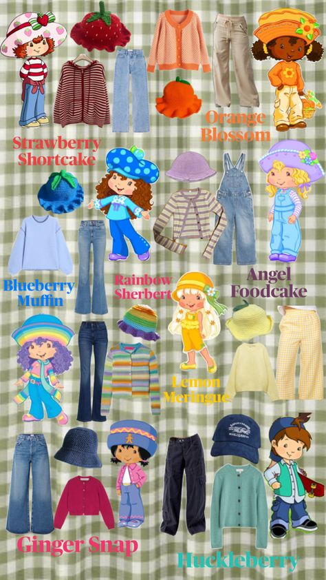 With sweaters! Strawberry Shortcake And Friends Costume, Strawberry Shortcake And Friends, Strawberry Shortcake Halloween Costume, Strawberry Shortcake Outfits, Strawberry Shortcake Costume, Friend Costumes, Cartoon Character Costume, Strawberry Shortcake Characters, Trio Halloween Costumes