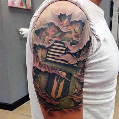 Realistic 3d Mens Military Camouflage Torn Skin Tattoo With Army Patches Half Sleeve Design Us Army Tattoos, Camo Tattoo, Airborne Tattoos, Military Sleeve Tattoo, Patriotic Tattoos, Sleeve Tattoo Ideas, Army Tattoos, Tattoos Mandala, Omerta Tattoo