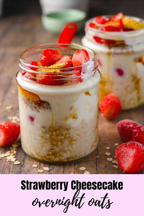 I love how I can just grab overnight oats from the fridge for a quick, nourishing breakfast. Strawberry Cheesecake Overnight Oats give you a delightful and nutritious breakfast treat made with strawberries and greek yogurt, plus cream cheese and graham crumbs mixed in for a rich cheesecake flavor! Strawberry Cheesecake Yogurt, Strawberry Cheesecake Overnight Oats, Rolled Oats Recipe, Oats Recipes Breakfast, Strawberry Overnight Oats, Rich Cheesecake, Overnight Breakfast, Protein Oatmeal, Oats Breakfast