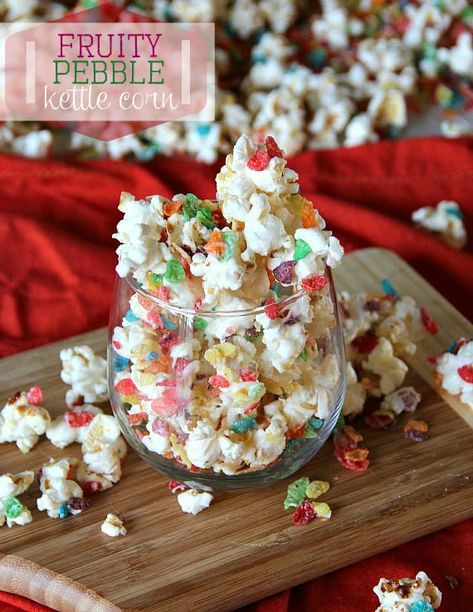 Fruity Pebble Kettle Corn Fruity Pebble, Fruity Pebbles Cereal, Popcorn Treats, Popcorn Snacks, Candy Popcorn, Kettle Corn, Flavored Popcorn, Gourmet Popcorn, Popcorn Recipes