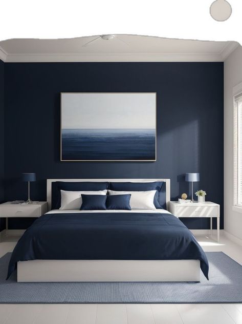 Light Blue Bedding, Navy Blue Bedrooms, Grey Accent Wall, Accent Wall Ideas, Home Decor Cozy, Blue Accent Walls, Navy Blue Wall Art, Navy Blue Walls, Cozy Home Decor