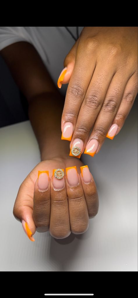 Short length nails with bling. Orange Frenchies, French Nail Set, Short French Nails, Short French, French Nail, French Nails, Short Nails, Dior, Convenience Store Products