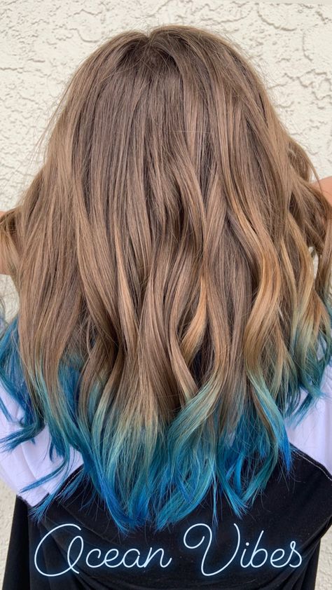 Colored Hair Ends Blondes, Blonde To Teal Ombre, Hair Dipped Ends Blue, Blue Hair At The Ends, Brown Hair Tips Dyed Blonde, Blue Tipped Hair Brown, Teal Hair Tips Dip Dyed, Blue Ends Hair Blonde, Blonde Hair Dip Dyed