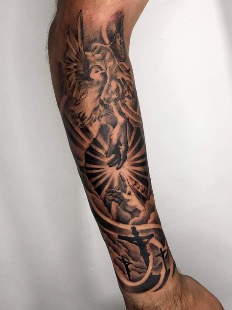 Guys Arm Tattoos Sleeve, Creation Of Adam Tattoo Forearm, Men’s Full Arm Sleeve Tattoos, Italian Mythology Tattoo, High Frequency Tattoo, Fore Arm Tattoo Men Half Sleeves, Front Arm Tattoo Men, Back Of Forearm Tattoo Men, Outside Forearm Tattoo Men Sleeve