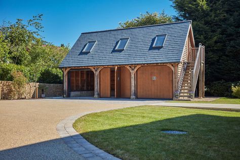 Office room above a three bay garage with external oak staircase. Garage With Room Above, Timber Frame Garage, Garage Extension, Room Above Garage, Timber Garage, Oak Frame House, Oak Framed Buildings, Garage Style, Classic Building