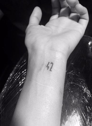 Douglas Adams Tattoo, 42 Tattoo Number, 42 Tattoo Hitchhiker, Hitchhikers Guide To The Galaxy Tattoo, Hitchhiker’s Guide To The Galaxy, Patchwork Tattoos, 42 Tattoo, Tattoos Inspo, Nerd Tattoo