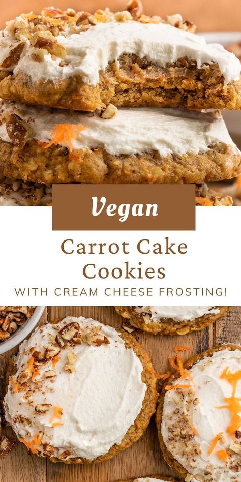 You will love these soft, chewy, & moist Vegan Carrot Cake Cookies topped with the best dairy-free cream cheese frosting! These easy vegan carrot cookies are better than Crumbl & make the perfect dairy-free & eggless dessert for Easter or any Spring gathering! #carrotcakecookies Dessert For Easter, Vegan Carrot Cake, Vegan Pastries, Carrot Cookies, Dairy Free Cream Cheese, Carrot Cake Cookies, Vegan Baking Recipes, Vegan Cookies Recipes, Vegan Carrot Cakes