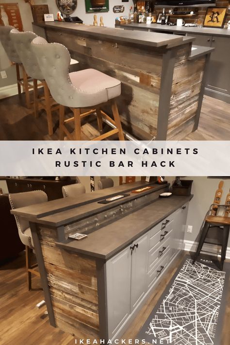 Kitchen Bar With Storage And Seating, Diy Bar Using Kitchen Cabinets, Diy Bar From Cabinet, Diy Rustic Bar Ideas, Pub Style Kitchen, Diy Kitchen Bar, Gray Ikea Kitchen, Diy Rustic Bar, Rustic Bar Ideas