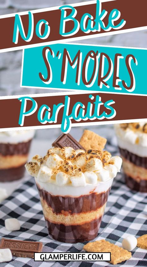 This sweet treat is a nod to our very favorite classic camping treat: S'MORES! Try these no bake s'mores parfaits - no campfire required! We love these pudding snacks because they are easy to make and taste delicious. Give them a try! This kid-friendly treat is perfect to set up as a DIY dessert. Note: Adults should supervise or complete the step involving the kitchen torch themselves. #smores #dessert #recipe #parfait #glamperlife S’mores Cups Easy, Walking Desserts For Camping, S’mores Pudding Cups, Easy Parfait Recipes Desserts, Camping Party Food Ideas For Adults, S’mores In A Cup, Camp Themed Desserts, S’mores Parfait, S’mores Without A Fire