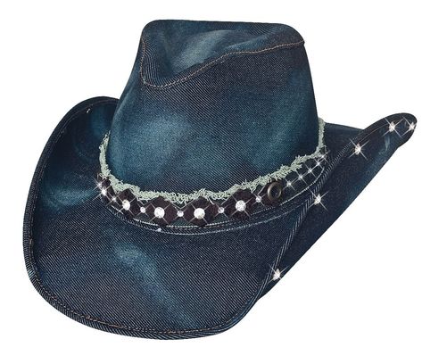 PRICES MAY VARY. Denim Rhinestones Frayed Denim and Rhinestones on band Rhinestones edged brim shapeable wire in brim Pinchfront crown This hat has it all, a fabulous denim finish, fraying, rhinestones, and loads of style. This hat is perfect for line dancing or heading to the rodeo. Cowboy Hats Women, Denim Cowgirl, Denim Cowboy, Small Hats, Mens Cowboy Hats, Better Than Yesterday, Western Hat, Western Accessories, Western Cowboy Hats