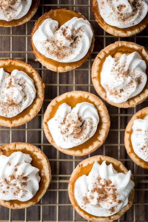 Small batch mini pumpkin pies with a flaky crust, delicious pumpkin pie filling, and cinnamon whipped cream, are perfect for a small Thanksgiving crowd. | aheadofthyme.com Holiday Baking Thanksgiving, Easy Thanksgiving Menu, Spiced Whipped Cream, Fun Thanksgiving Desserts, Pie Dough Recipe, Best Christmas Desserts, Thanksgiving Pumpkin Pie, Leftover Pumpkin, Mini Pumpkin Pies