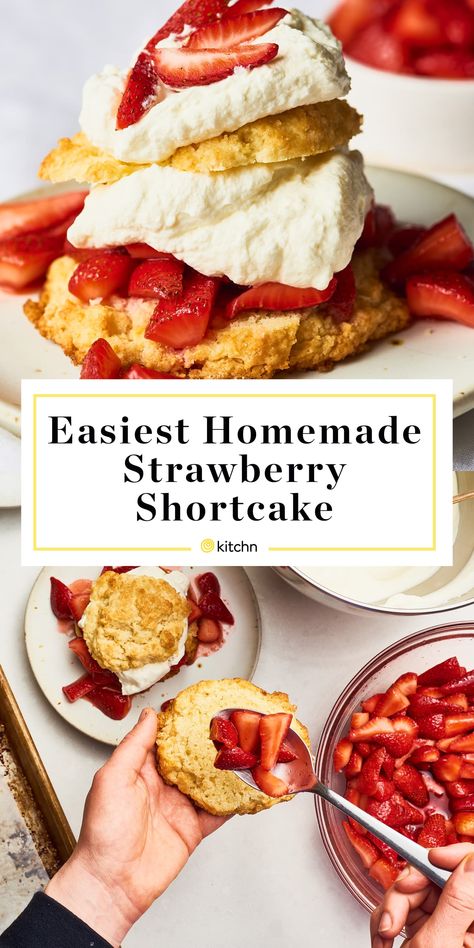 Aesthetic Strawberry Cake, Shortcake Recipe Easy, Strawberry Cake Aesthetic, Cake Recipe Strawberry, Homemade Drop Biscuits, Shortcake Recipes, Strawberry Cake Decorations, Summertime Desserts, Strawberry Cake Recipe