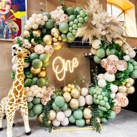 PRICES MAY VARY. 【Giraffe Safari Garland】These Garland KIT Mix 135 Pack+ Sage Green With Gold White sand Balloons ，Lighting up with Animal giraffe print balloons .it contain 3 Size Balloons for Garland STYLING，perfect For safari themed party 1st Birthdays,baby shower, Jungle woodland Party,Boho Party Decorations 【Reliable Consistent Color Balloons】 100% real photography by using Color Correction Card，Providing True Color of every single balloons,what you have to do is trust your color insprition Boho Baby Shower Decorations, Forest Theme Party, Safari Party Decorations, Safari Balloon, Boho Party Decorations, Fest Temaer, Safari Theme Party, Green Balloon, Bubble Balloons