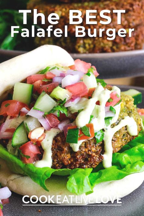 Making homemade falafel doesn't need to be difficult. In this easy to follow recipe whip up a batch of vegan falafel patties that are crispy and flavorful and served up on a bun for a yummy vegan burger. A quick and easy Lemon Tahini Sauce and fresh tomato cucumber salad top off this spin on a plant-based burger. Get the recipe and see step by step how to successfully make the best falafel recipe for burgers. Best Falafel Recipe, Falafel Patties, Best Falafel, Falafel Burger, Vegan Falafel, Homemade Falafel, Falafel Mix, Tomato Cucumber Salad, Falafel Burgers