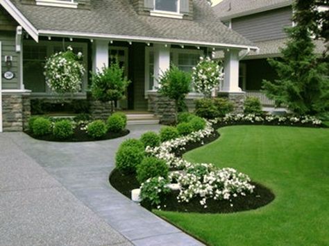 Love the curved flower beds with the boxwoods and flowers. Also, the pillars for the porch are exactly what I want for the house. Ideas Para Decorar Jardines, Inexpensive Landscaping, Front Yard Walkway, Boxwood Landscaping, Walkway Landscaping, Pathway Landscaping, Small Front Yard, Driveway Landscaping, Small Front Yard Landscaping