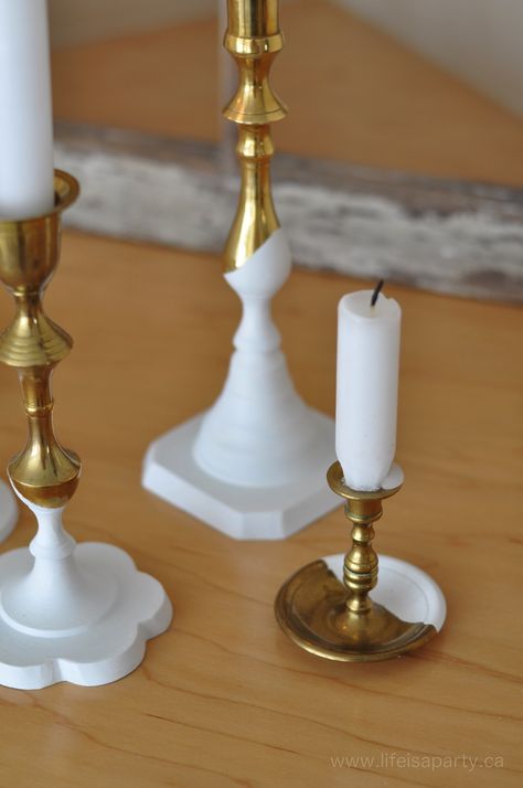 Painted Candlestick Holders, Painted Brass Candlesticks, Upcycled Candlesticks, Candlestick Makeover, Diy Candle Stick Holder, Upcycled Candle Holders, Wedding Layout, Candle Holder Crafts, Diy Candle Sticks