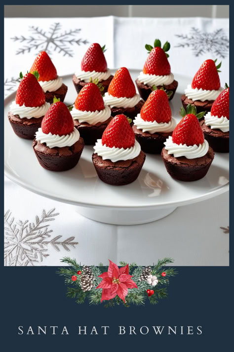 Adorable bite-sized treats featuring brownie bases topped with whipped cream and strawberries shaped like Santa hats!  Ingredients:  12 brownie bites 12 strawberries (hulled) Whipped cream  Instructions:  Place a dollop of whipped cream on each brownie bite. Add a strawberry on top, pointed side up, and finish with a small whipped cream “pom-pom.” Serve chilled for a festive sweet treat! Brownie Strawberry Santa Hats, Santa Hat Brownie Bites, Sweet Christmas Appetizers, Christmas Covered Strawberries, Santa Brownies, Santa Hat Brownies, Strawberry Santa Hats, Strawberry Santa, Whipped Cream And Strawberries