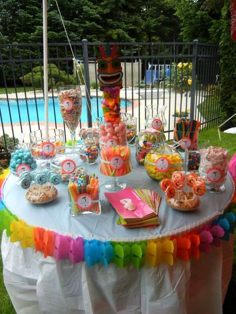 LUAU CANDY BUFFET #ALLTHERAVE #LUAU #CANDYBUFFET #CANDY #COLORFUL #NEON #PARTY #SUMMER Luau Candy Table Ideas, Hawaiian Candy, Candy Table Ideas, Hawaiian Theme Party, Purple Pics, Party Candy Bar, Birthday Snacks, Summer Candy, Candy Bar Party