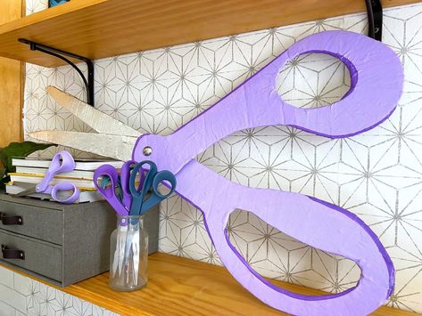 Larger Than Life DIY Upcycled Cardboard Scissors - Free Template! – Crafty Lumberjacks Giant Scissors Diy, Giant Scissors, Pto Board, Giant Pencil, Pencil Crafts, Cardboard Shipping Boxes, Diy Spray Paint, Christmas Gift Exchange, Christmas Child