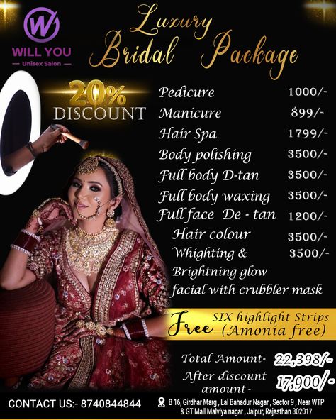 🌟 Welcome to WILL YOU Unisex Salon! 🌟 Get ready to indulge in luxury with our exquisite Bridal Package! 💅💇‍♀️ Enjoy a 20% DISCOUNT on our premium services. Here's a glimpse of what we offer: 💅 Pedicure: ₹1000/- 💅 Manicure: ₹899/- 💆‍♀️ Hair Spa: ₹1799/- ✨ Body Polishing: ₹3500/- 🌞 Full Body D-tan: ₹3500/- 💆‍♀️ Full Body Waxing: ₹3500/- 😊 Full Face De-tan: ₹1200/- 💇‍♀️ Hair Colouring: ₹3500/- 🌟 Whitening & Brightening Glow Facial with Crubbler Mask: FREE (Ammonia-free) 🌟 📞 Contact us at: 8740... Full Body Waxing, Body Polishing, D Tan, Hair Colouring, Bridal Packages, Body Waxing, Hair Spa, Full Face, Get Ready