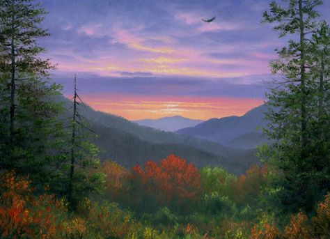 How To Paint The Smoky Mountains, Huge Landscape Painting, Abraham Hunter Art, Sunrise Over Mountains Painting, Landscape Inspiration Photography, Mountain Scenes To Paint, Smoky Mountains Painting, Watercolor Sunset Mountains, Sunrise Mountain Painting