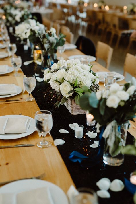 Black Table Runner Wedding, Black And White Wedding Centerpieces, Glitter Table Runner, White Rose Centerpieces, Bloom Bar, White Wedding Centerpieces, Glitter Table, Barnwood Table, Prospect House