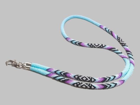 Teachers Lanyard, Native Beadwork Lanyard, Badge Holder, Beaded Lanyard / ID Holder / Lanyard keychain, Blue Pink purple Beads lanyard Beadwork Lanyard, Teachers Lanyard, Beads Lanyard, Lanyard Badge Holder, Keychain Blue, Lanyard Id Holder, Crochet With Cotton Yarn, Japanese Beads, Beaded Lanyard