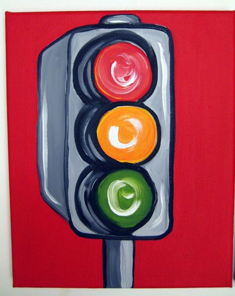 "The first painting pictured is painted and ready to ship This painting was painted on an 11\"x14\" canvas, The background was painted bright red,  a traffic light with a little of the pole showing was painted on the bright background in the traditional traffic light colors.. All paintings come sealed and painted on the sides, they have a hook at the back and are ready to hang. I have included pictures of other signs I have painted, but this listing is for an 11\"x14\" canvas painting. I can customize the painting to suit your decor, please contact me with your design needs. The last painting is a wooden traffic light if you are interested in that one I have a listing for it in my shop in the boy's section I design and hand paint all the items in my shop with great joy and care, please all Stop Light Drawing, Traffic Light Painting, Traffic Light Pictures, Red Traffic Light, Green Traffic Light, Signs Traffic, Boys Wall Art, Custom Street Signs, Light Tattoo