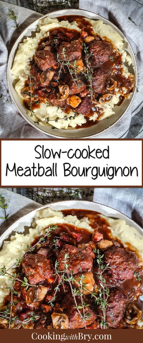 Slow-cooked Meatball Bourguignon Recipe | Cooking with Bry A deliciously naughty dinner idea, this slow-cooked meatball bourguignon recipe is a modern twist on the French classic - an indulgent red wine sauce. #french #frenchcuisine #dinnerideas #yummy Stew With Red Wine, Slow Cooker Beef Bourguignon, Slow Cooker Fajitas, Slow Cooker Ratatouille, Slow Cooker Enchiladas, Slow Cooker Ribs, Slow Cooker Lasagna, Delicious Slow Cooker Recipes, Slow Cooker Meatballs