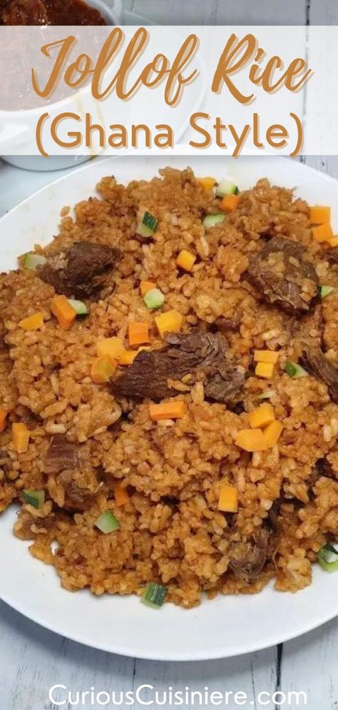 This recipe for Ghanaian jollof rice brings you a brightly colored red/orange rice dish, with a wonderful spice and rich, spicy, and saucy meat. Jollof rice is a much-loved festive dish that is often served at weddings, parties, and other large gatherings. It is a brightly colored orange to red rice dish, due to being cooked in a rich and spicy tomato-based sauce. Orange Rice Recipe, Orange Rice, Beef Patties Recipes, Ghana Style, Ghanaian Food, Nigerian Recipes, African Cooking, Jollof Rice, Colored Rice