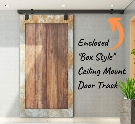 How to Hang Sliding Barn Door from the Ceiling - 3 Ways Hanging Barn Door From Ceiling, Ceiling Hung Barn Doors, Ceiling Mounted Sliding Door, Ceiling Mounted Barn Door, Ceiling Mount Barn Door, Paneling Sheets, Interior Sliding Glass Doors, Barn Door Sliders, Shiplap Paneling