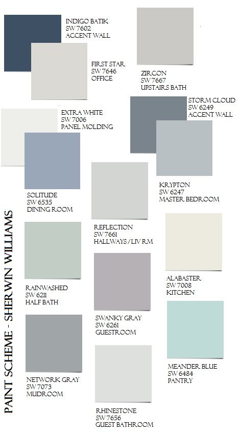 The BEST whole-house paint scheme that looks great in every lighting. Daylight will bring out the colors - beautiful blue-green in rainwashed, periwinkle in solitude, pretty purple in swanky gray...and then interior lighting at nighttime will bring out the grey undertones to create beautiful, calming colors. This is the perfect paint palette. Sherwin Williams Paint Colors Interior Colors, Colors Schemes, Paint Color Schemes, House Color Schemes, Sherwin Williams Paint Colors, Interior Paint Colors, Calming Colors, Hus Inspiration, Paint Palette