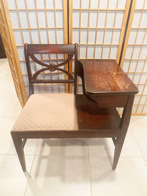 Telephone Chair-DIY That Looks Amazing! - Double Arrow Designs Telephone Chair, Old Telephone, Arrow Designs, Chair Diy, Hand Sander, Bleached Wood, Sanding Block, Chair Makeover, Secretary Desks